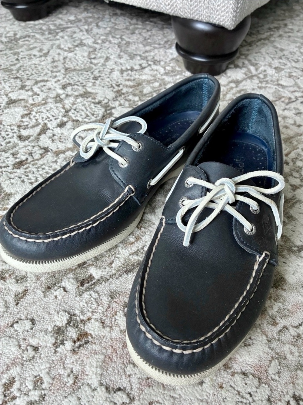 Men's Sperry Navy Leather Boat Shoes with White Laces